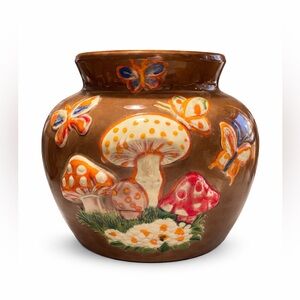 Handcrafted Brown Ceramic Vase with Colorful Mushroom Design